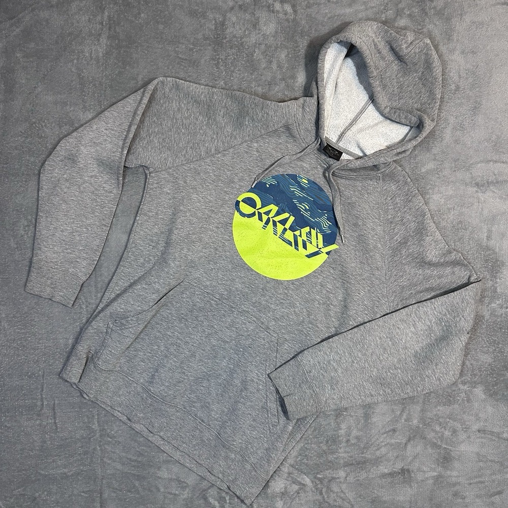 Oakley Pullover Hoodie Large Gray Blue Neon‎ Graphic Circle Logo Sweatshirt